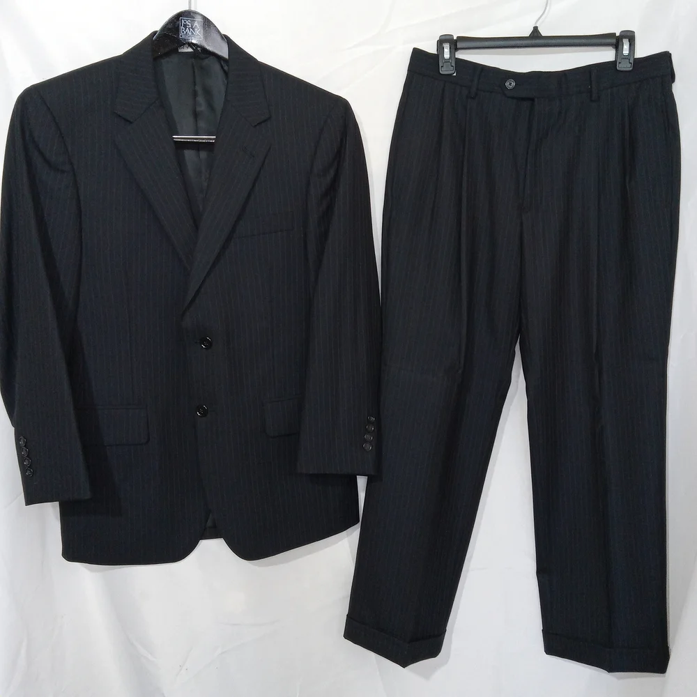 Jos A Bank Black 100% Wool Pinstriped Full Suit Set Blazer Size 38S Pants 32x28 - Picture 1 of 15